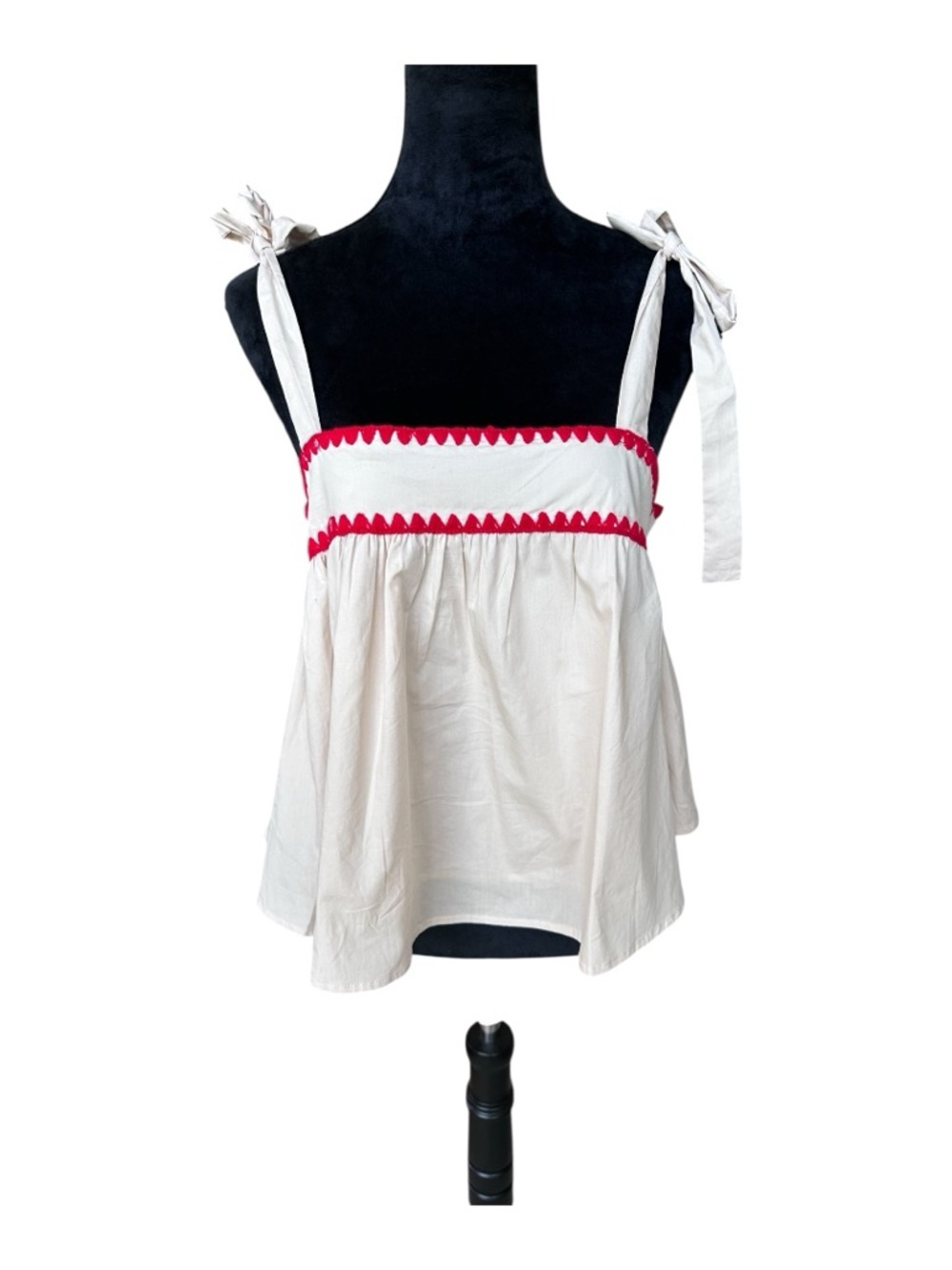 &merci NWT Babydoll Tank Top Medium Cream Red Trim Tie Strap Cotton Peplum